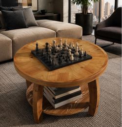 Solid Wood 2-Tier Center Table with Storage with Mosaic Pattern.