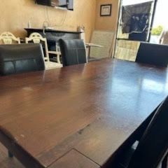 Modern Dark Wood Dining Table with 6 Leather Chairs