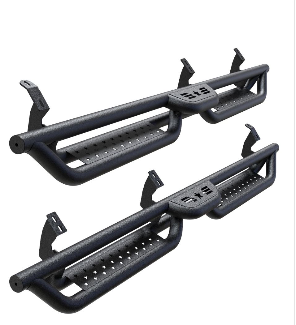 Running Boards Compatible With 2007-2021 Toyota Tundra Crewmax Cab 4 Full Size Doors, 6" 2-Stairs Side Step Rails Coated Black Carbon Steel Nerf Bars