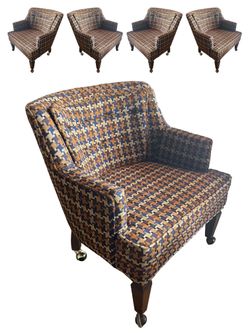 Set of 4 Vintage MCM Club Chairs – Houndstooth Plaid – Rolling Casters