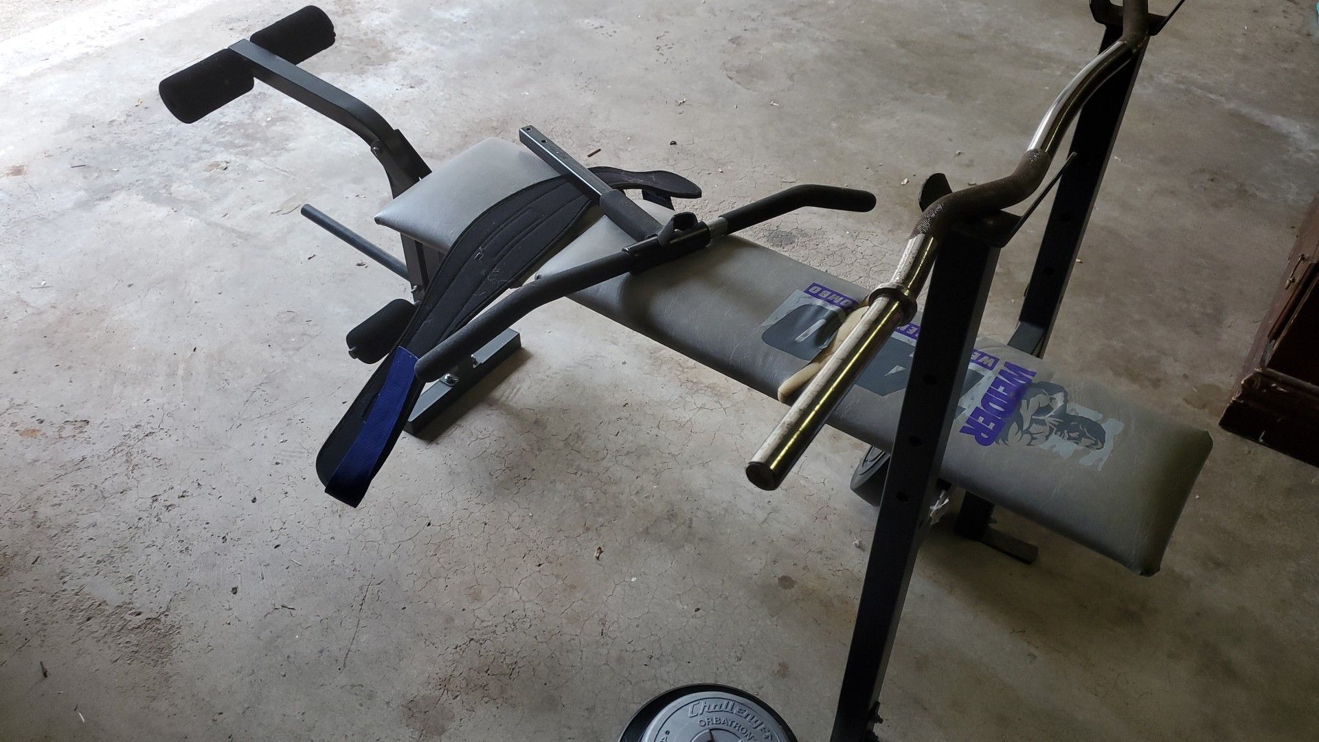 Weight bench, weights, straight bar & curl bar