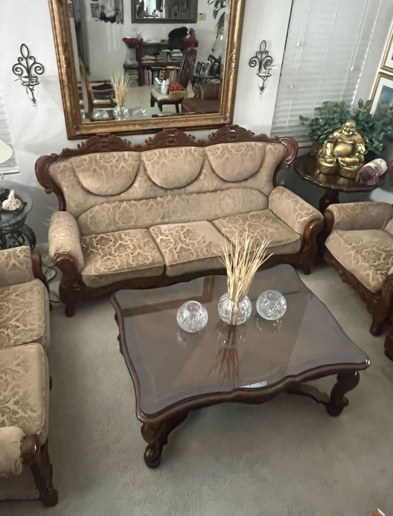 Couch Sofa Loveseat Chair 3-piece European-style living room set with carved wood upholstered seating. *AS-IS CUSHIONS NEED RESTORING