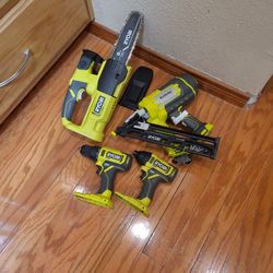 Ryobi 18V  15 Gauge Angled Finish Nailer, 8" Pruning Saw, 1/2" Drill, 1/4" Hex Impact Driver