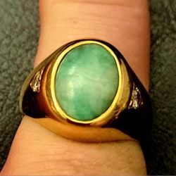 Heavy 14k Mottled Jade and Diamond Ring  -  Size 8