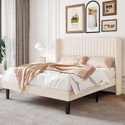 Queen Size Velvet Bed Frame, Tufted Wingback Headboard, Cream