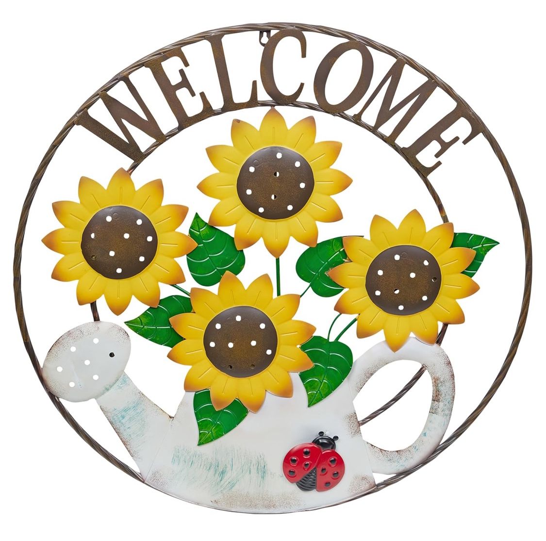 Large Round Sunflowers in Gardening Can Welcome Wall Decor, Sign for Entryway and Walkway, 30" Tall