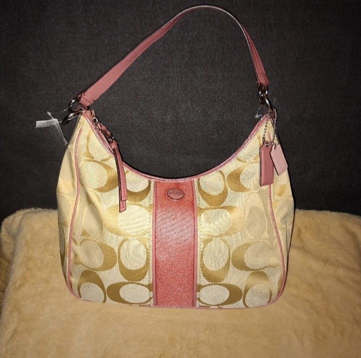 NWT COACH Signature Convertible Hobo - Light Khaki/Coral