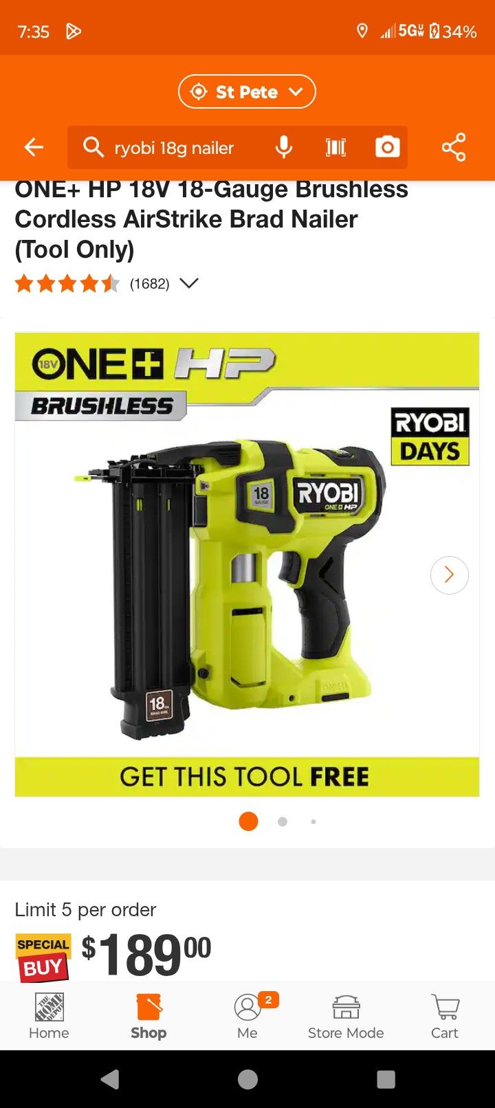 Ryobi 18v 18 Gauge Nailer New