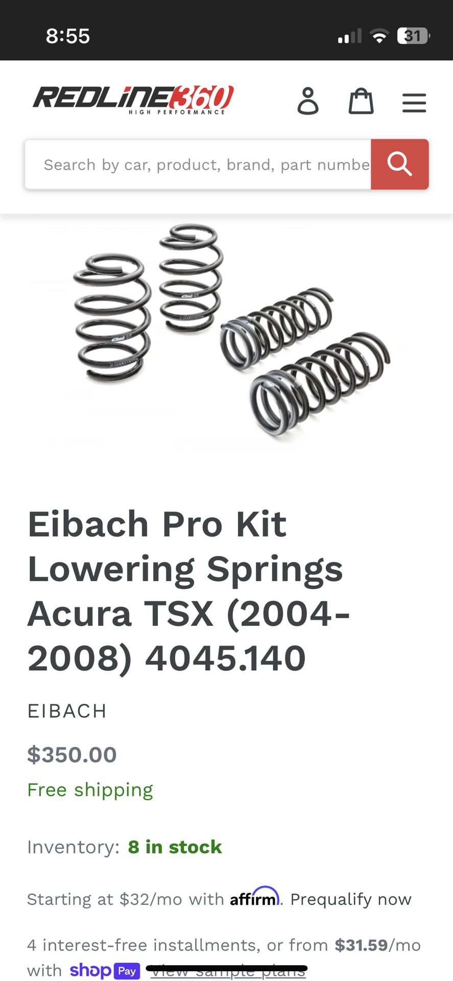 Eibach Pro Kit Lowering Springs Acura TSX (2004-2008)