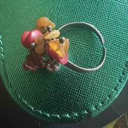 Sterling Silver, Amber &  Coral Cluster Ring