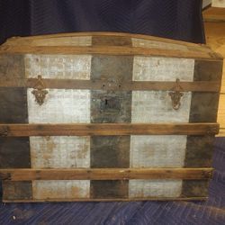 Large Tin Wood Antique Trunk With Roll Wheels 