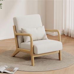 Solid Wood Accent Chair Mid-Century Modern Lounge Armchairs, Fabric Upholstered Soft Comfy Living Room Chairs with Armrest Waist Cushion Pillow