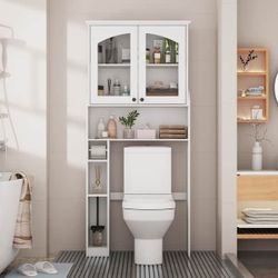 White Toilet Cabinet: Elegant Arched - glass Door Design and Sturdy Build, Spacious Shelves for Organizing Bathroom Essentials