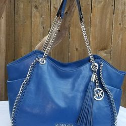 Michael Kors Chelsea Large Whipped Silver Chain Zip Royal blue Leather shoulder bag Tote