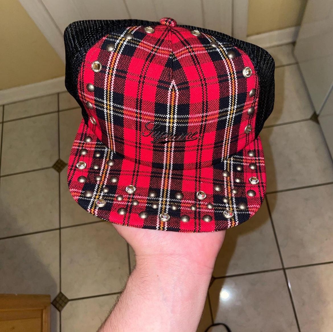 Supreme x BB Simon studded mesh back 5-panel plaid trucker hat 