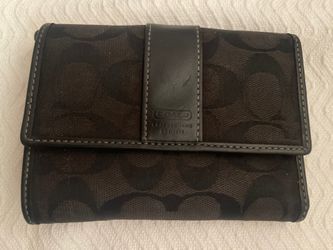 Coach Wallet Black Logo Canvas Leather Tri-Fold