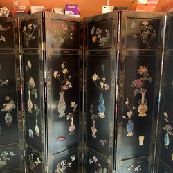 Antique Chinese 6 Panel Room Divider with Inlaid Stone Art