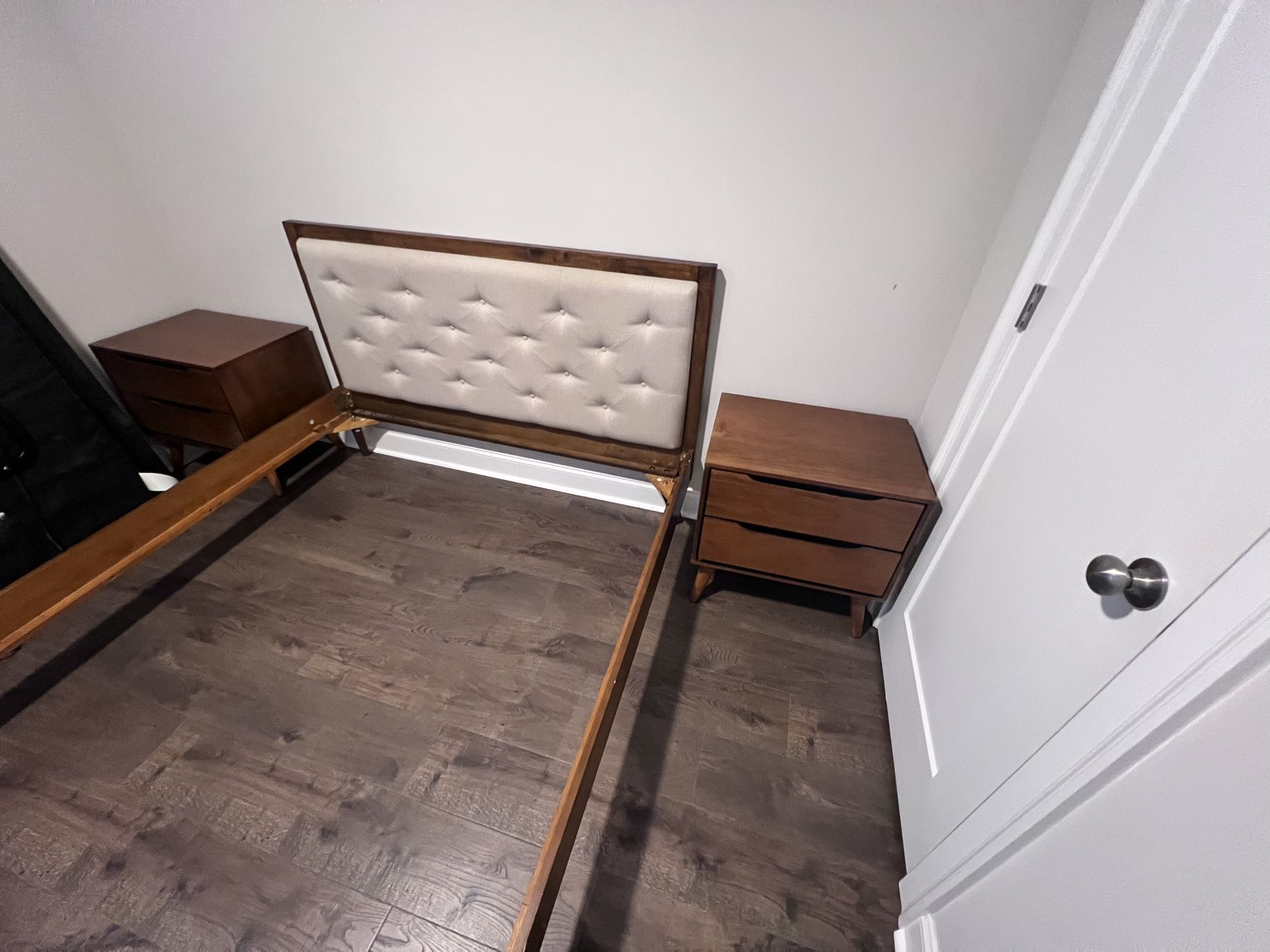 Mid century Tufted Bed & Nightstands