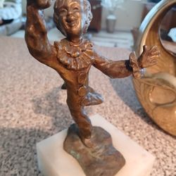 Really Cool Vintage Bronze Little Boy Clown Holding Orange Lucite Balloons 