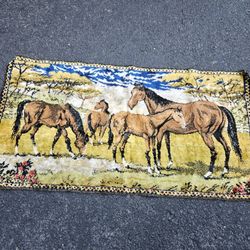 Vintage Italian wild horses wall tapestry. Rare. 36" x 19"