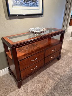 Cherry-Finish Console Table with Glass Top and Drawers