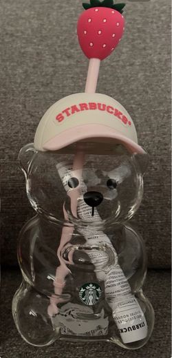 Starbucks Bear Glass Cup with Strawberry Straw