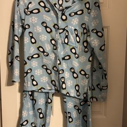 Paul Frank Penguins & Snowflakes Fleece Pajama Set - Adult Large - Light Blue