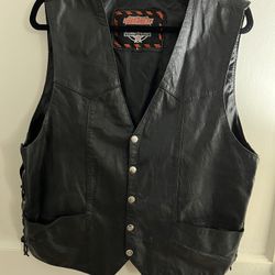 Interstate Leather Black Motorcycle Biker Vest Snap Up - Men's Size L