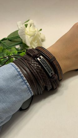 Adjustable Size up to 9.5inc Braided Multilayer Leather Bracelet (Set of 4), Forgiven
