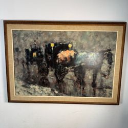 Antique Oil Painting Horse Carriage Art Signed from 1920s