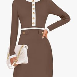 ZESICA Women's Fall Long Sleeve Bodycon Sweater Dress Crewneck Button Knit Color Block Party Mini Dresses