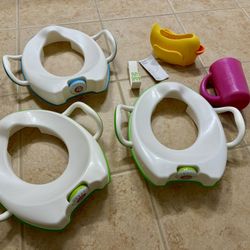 Toddler Kids Munchkin Toilet Training Potty Seats X3, Munchkin Safety Ducky Tub Spout Cover, Silicone Soft Bath Rinser, Potty Hook $10 All