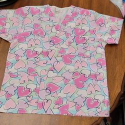 *Hold*PENDING Peaches Uniforms- Pink/Purple Heart Print Scrub Top- Small