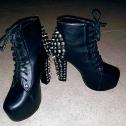 Women's Size 6 1/2  Black Faux Leather Booties With 5 1/2" Heels 