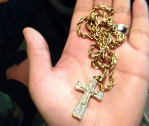 Gold Plated Rope Necklace (24 in.) W/ Cross Pendant