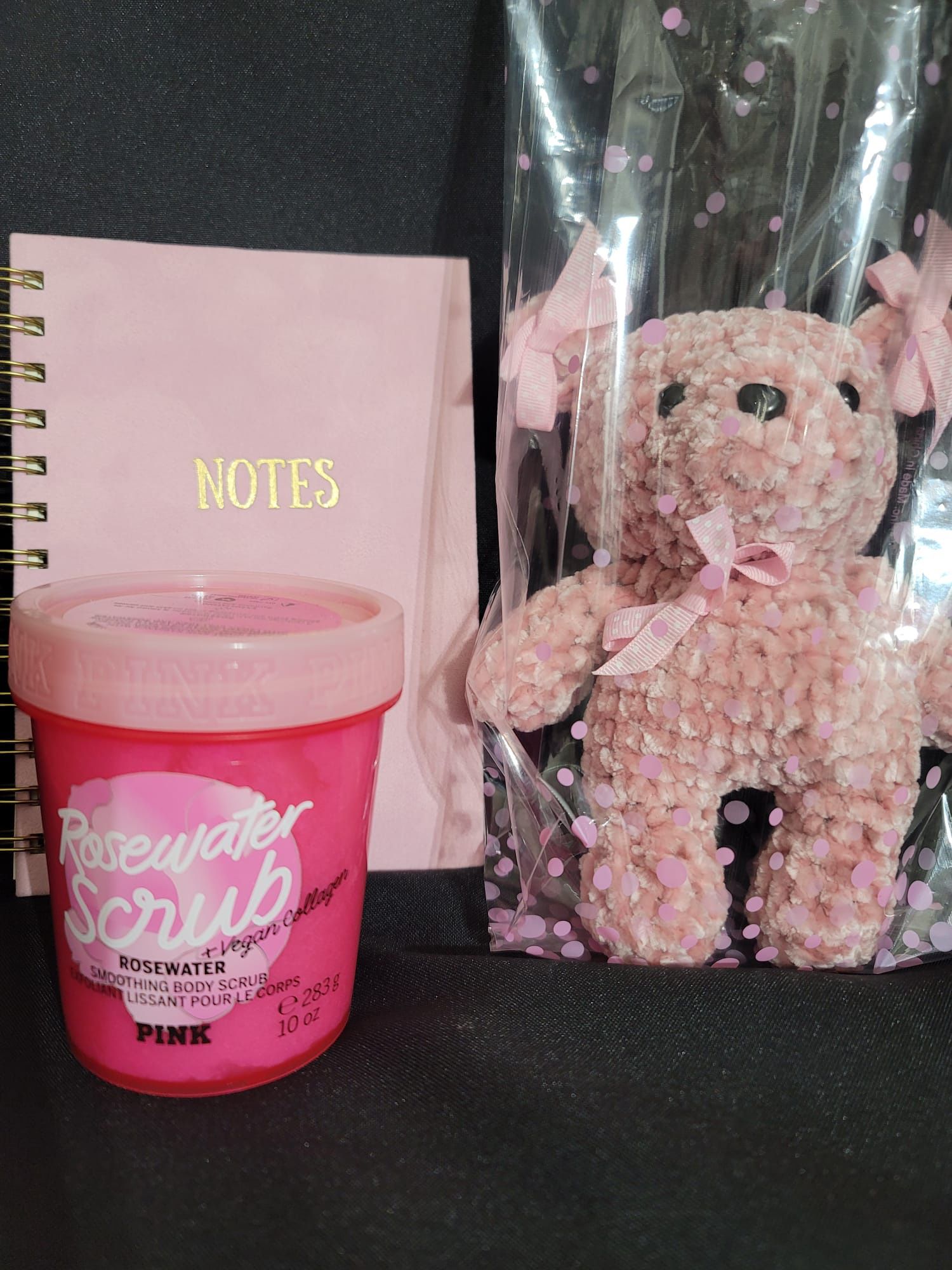 Pink Crochet Teddy Bear+Pink Small Journal+ PINK Rose Water Body Scrub Gift Set.