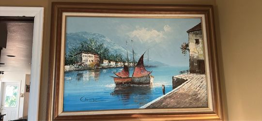Camprio Signed Coastal Harbor Oil Painting 32 x 43 inch