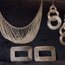 Silver Bib Necklace Earrings Plus Shoe Clips Bracelet