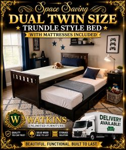 Space-Saving Dual Twin Size Trundle Bed with Mattresses Included – Delivery Available!