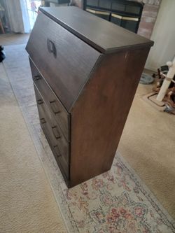 Vintage Dark Walnut Secretary Desk- Slant Front Drop Down Writing Desk w/ Drawers