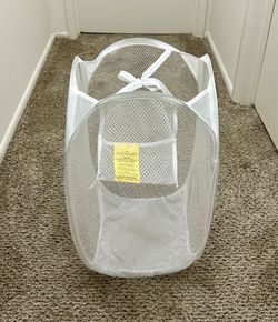 Small White Collapsible Mesh Hamper Laundry Basket with Pocket + Ties