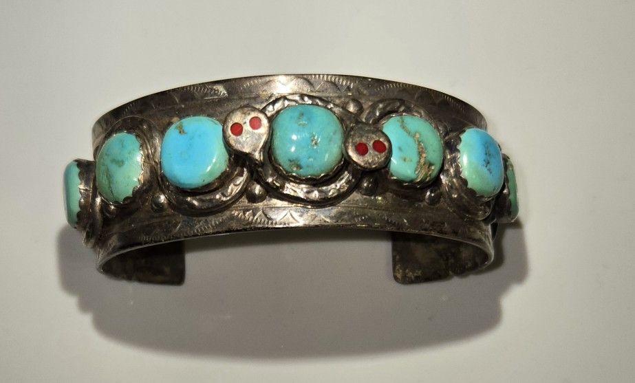 Zuni Sterling Snake Turquoise Mens Cuff Bracelet