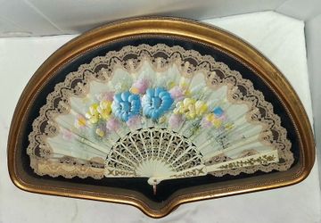 Vintage Framed Lace Fan Wall Art Shadow Box Gold Frame Floral Victorian Decor