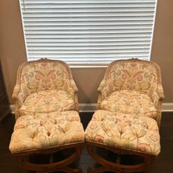 Pair Of Custom Vintage Chairs & Ottomans
