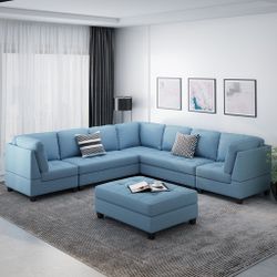 Contemporary L-Shape Fabric Sectional Sofa with Chaise Ottoman