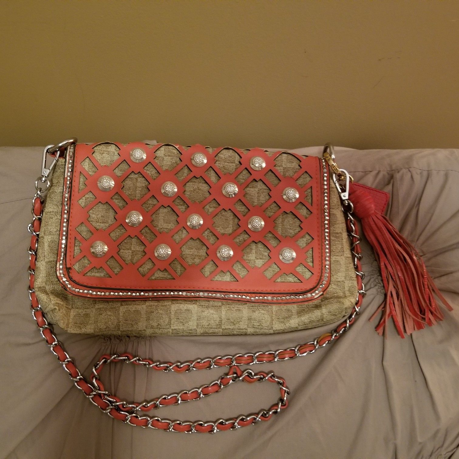 Boutique Coral and Tan Crossbody with studs.