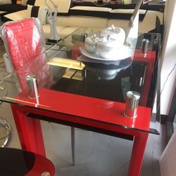 New Glass Top Table/black Bottom Glass Red Legs 28x47”