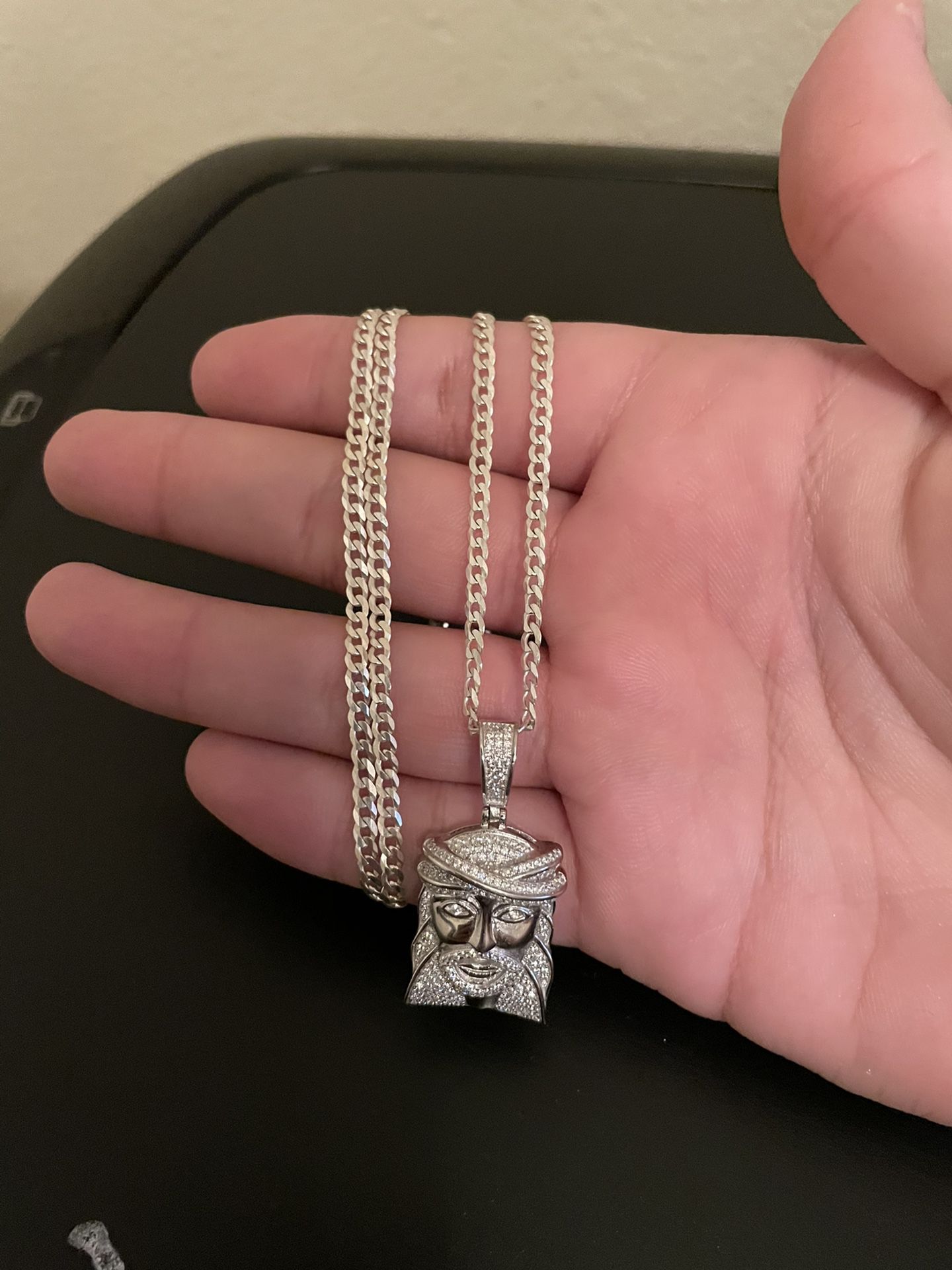 Real 925 Silver Jesus Pendant With Cz With Cuban Link Chain