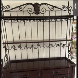 Wrought Iron And Wood Bake’s Rack with Wine Holder