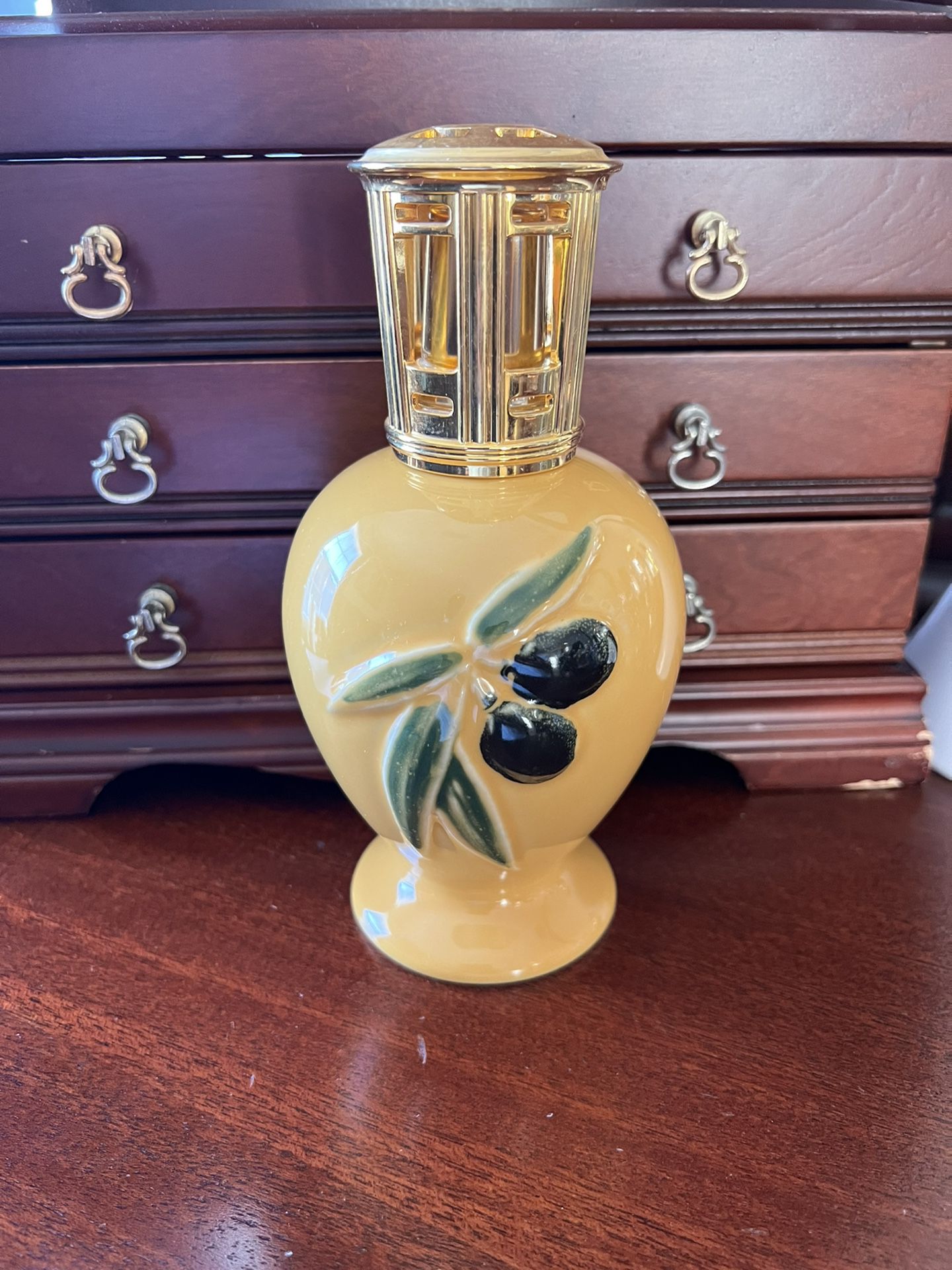 BEAUTIFUL VINTAGE LAMPE BERGER PARIS OLIVES ON YELLOW “ OIL LAMP AIR  PURIFIER WITH CAP WICK AND BURNER